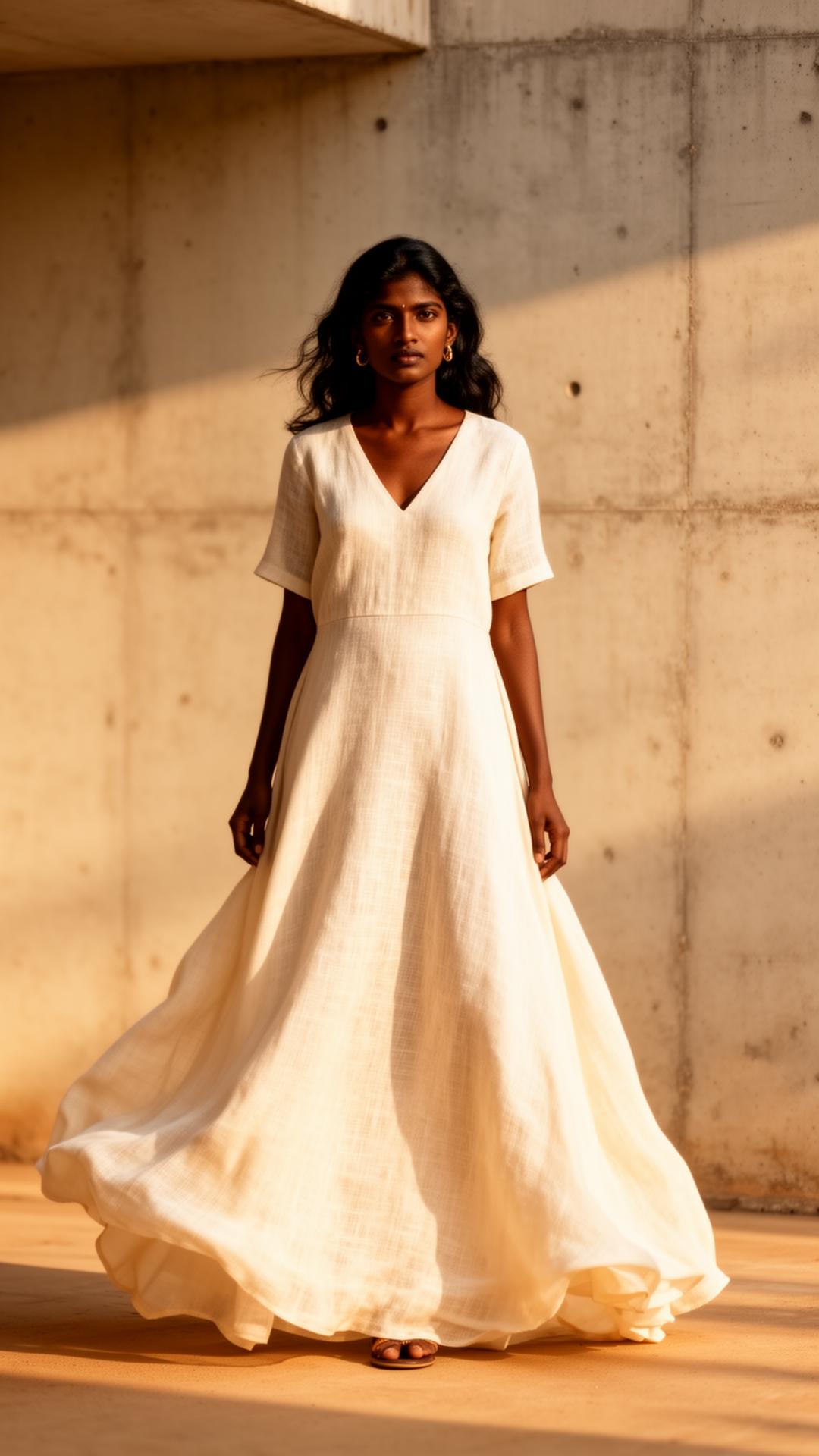 Sri Lankan model wearing flowing ivory linen dress in warm morning light